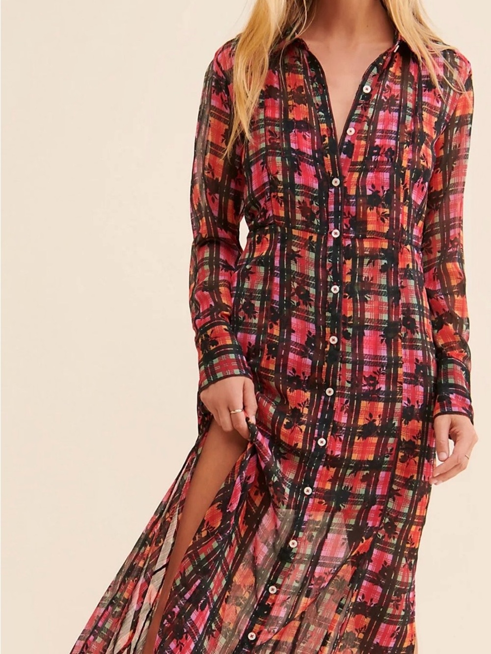 Free People Pink Red Plaid Maxi Shirt Dress